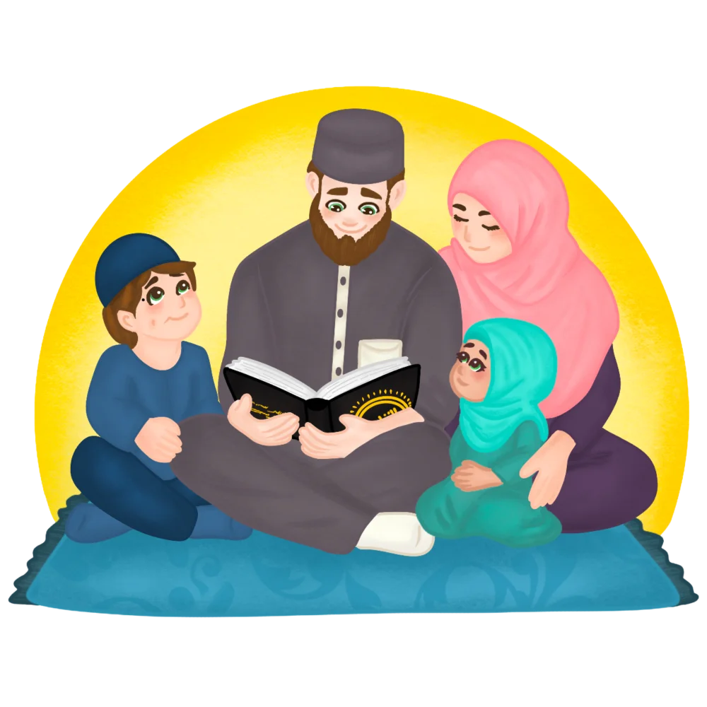 A family sharing a book and learning together