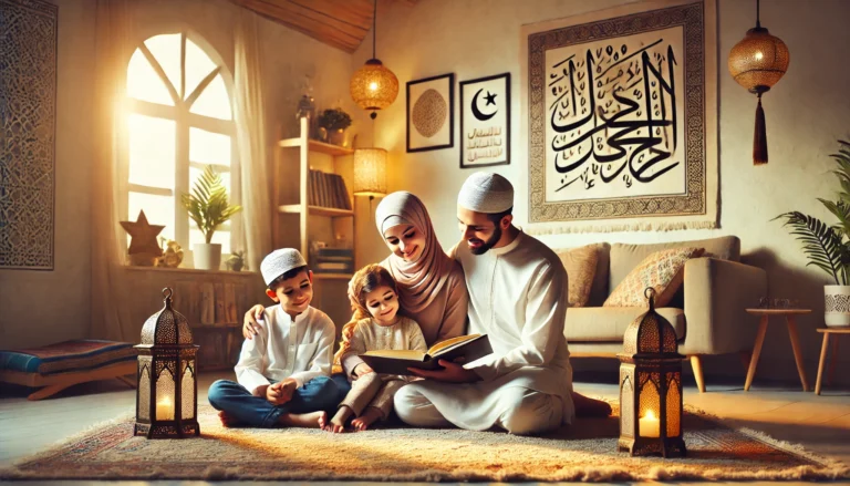 DALL·E 2024-11-08 19.33.07 - A featured image for a blog post on nurturing Islamic values at home for Muslim families in Western countries. The image should show a warm and inviti