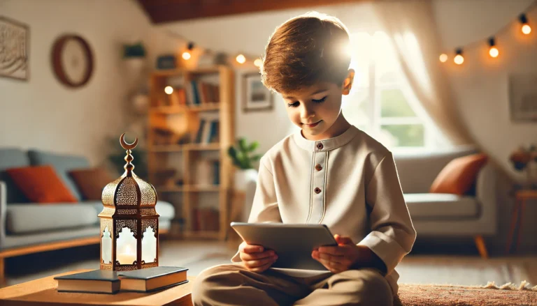 DALL·E 2024-11-08 19.34.21 - A featured image for a blog about the benefits of online Islamic courses for kids in Western countries. The image should depict a young Muslim child,